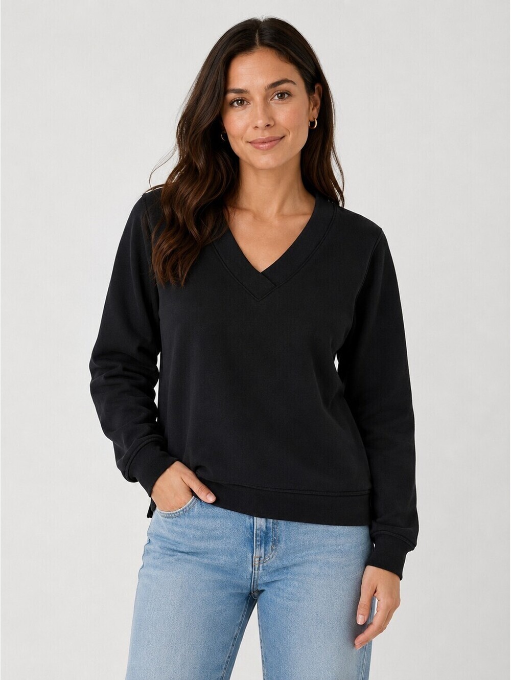 Orvis Black V Neck Pullover Sweatshirt Fleece Modal Blend Women's Medium Casual